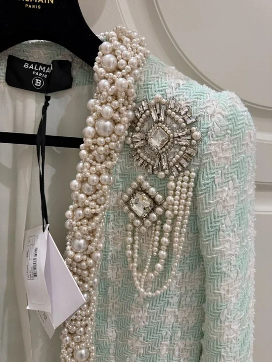 Balmain Mint Green Pearl-Trim Tweed Blazer - Picture 2 of 7